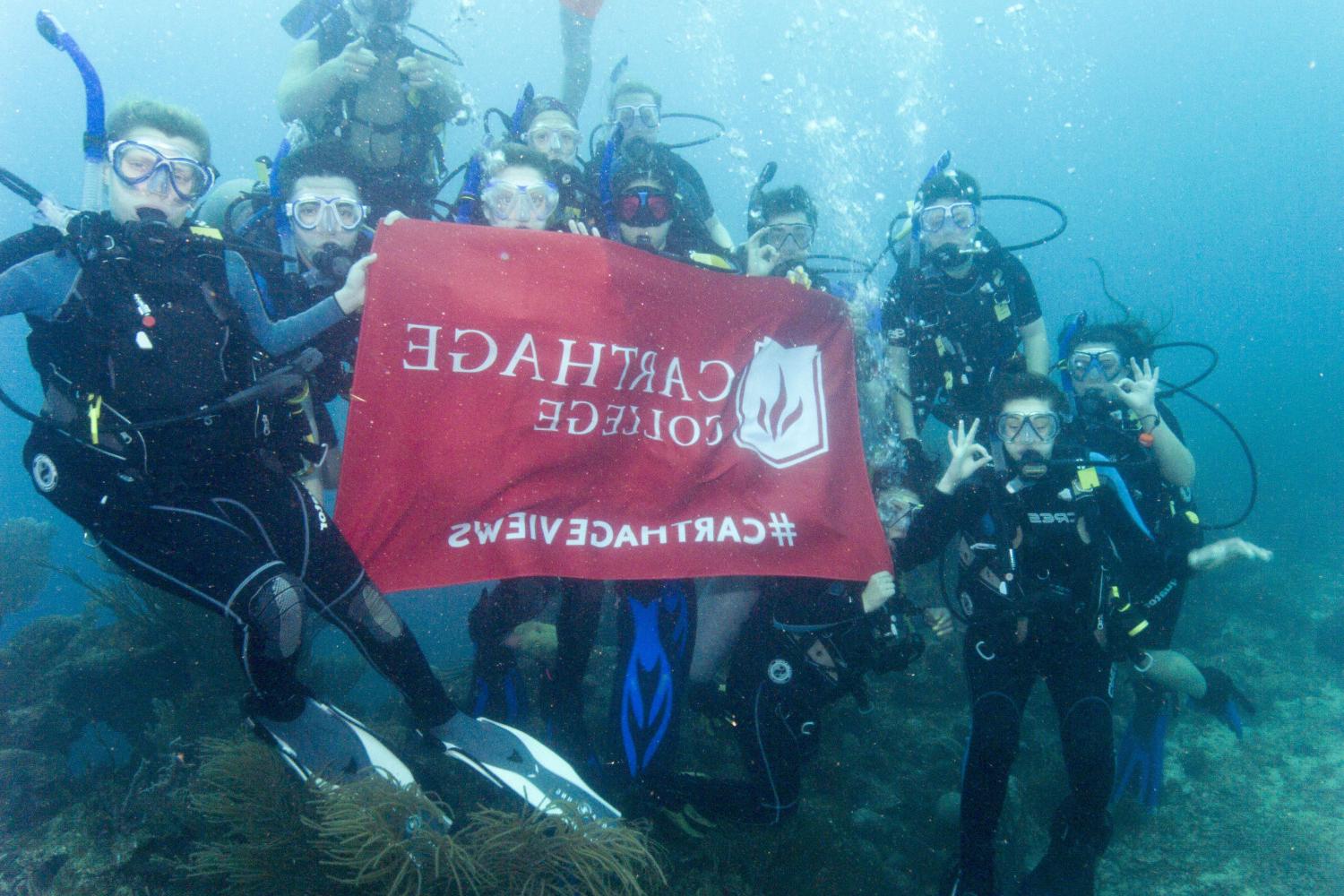 学生们手持<a href='http://feej.ngskmc-eis.net'>bv伟德ios下载</a>旗帜，在j学期洪都拉斯游学之旅中潜水.